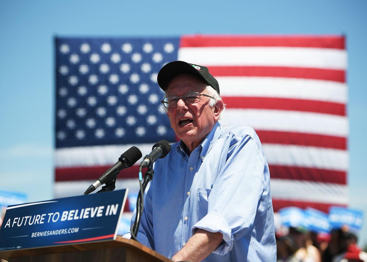 Democratic presidential candidate Bernie Sanders addresses a rally at the Santa Clara County Fairgrounds in San Jose, California on May 18, 2016. 