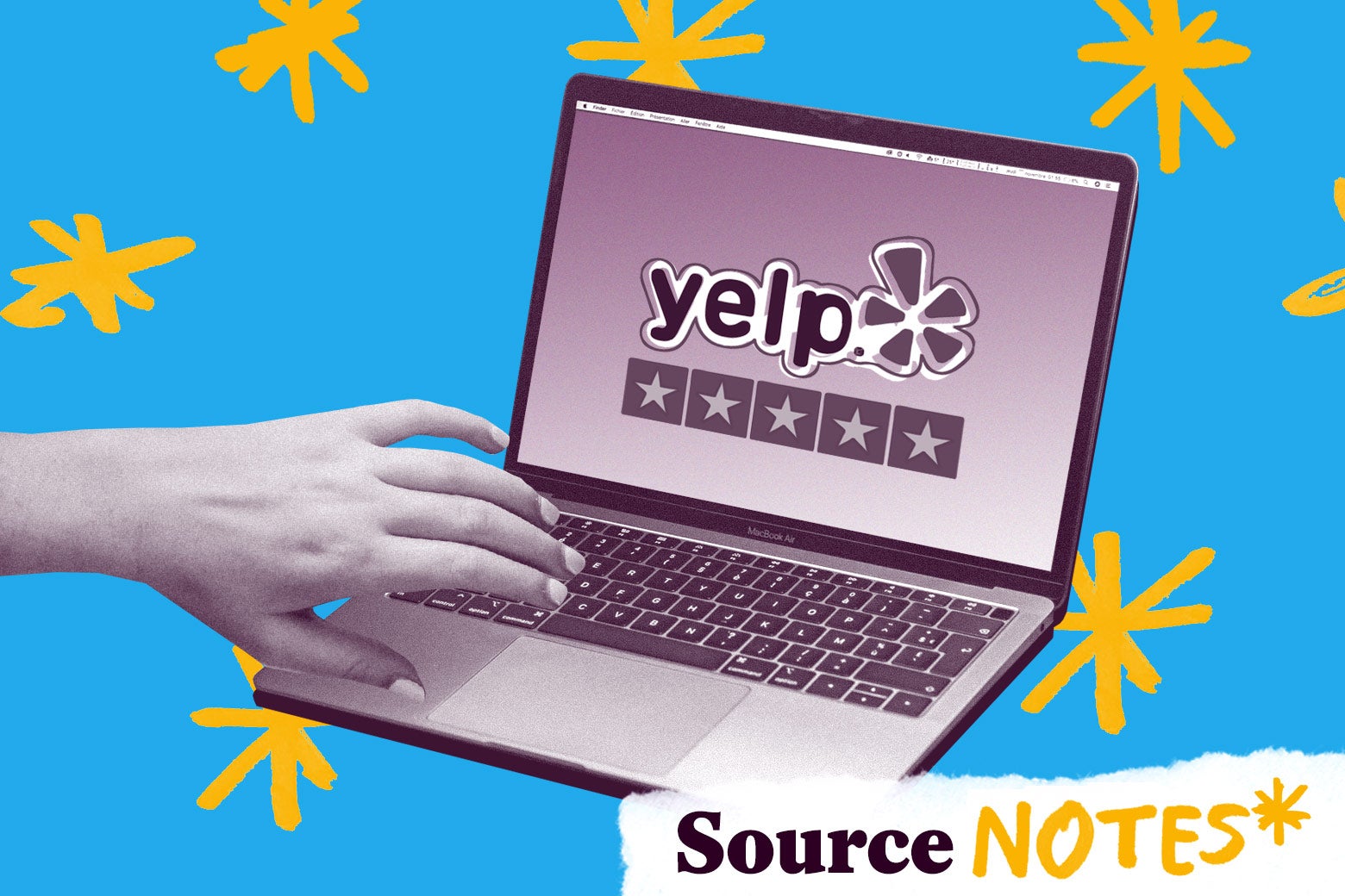 Photo illustration of a hand on a laptop showing the Yelp logo.