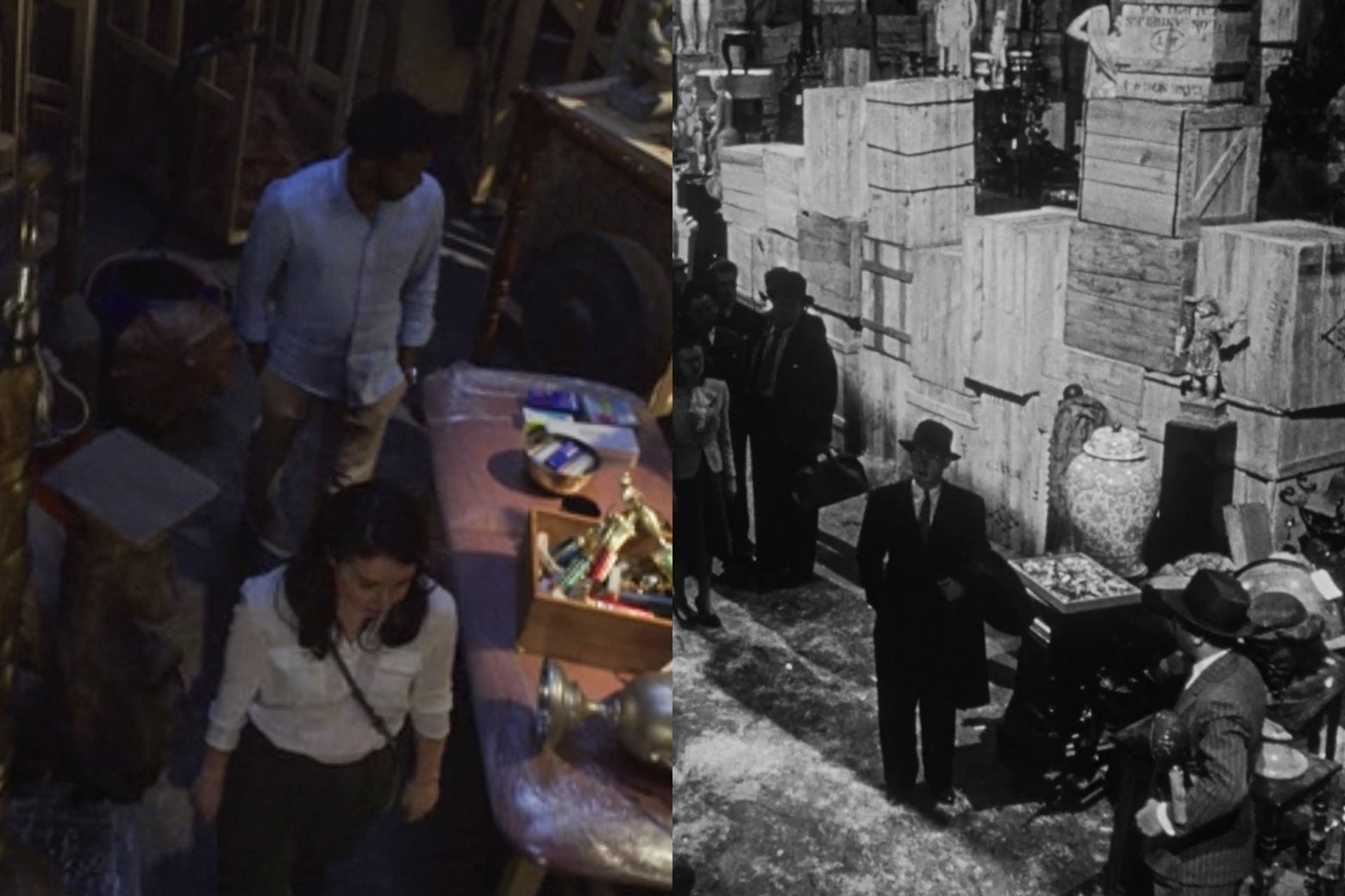 A side-by-side of the final scenes of Citizen Kane and The Good Fight's latest season, both showing investigators navigating a labyrinthine warehouse of old possessions.