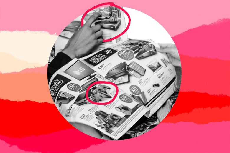 A gift catalogue with present choices circled in red.