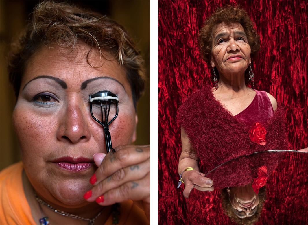Left: 2008 - Mexico City - Paola, a resident at Casa Xochiquetzal, puts on makeup before going to work. When this photo was taken, she was one of the youngest women at the shelter and still worked the streets. On January 1, 2011, she disappeared and never came back. Right: 2008 - Mexico City - Portrait of Victoria, who, at age 81, is the oldest resident of Casa Xochiquetzal, a shelter for elderly sex workers in Mexico City.