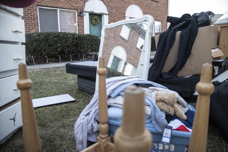 COLUMBUS, OH - MARCH 02:  The belongings of Shanta Thomas remain outside of the apartment from which she was evicted on March 2, 2021 in Columbus, Ohio. Ohio residents who are evicted have 48 hours to retrieve their belongings before property owners are permitted to dispose of the items.  (Photo by Stephen Zenner/Getty Images)