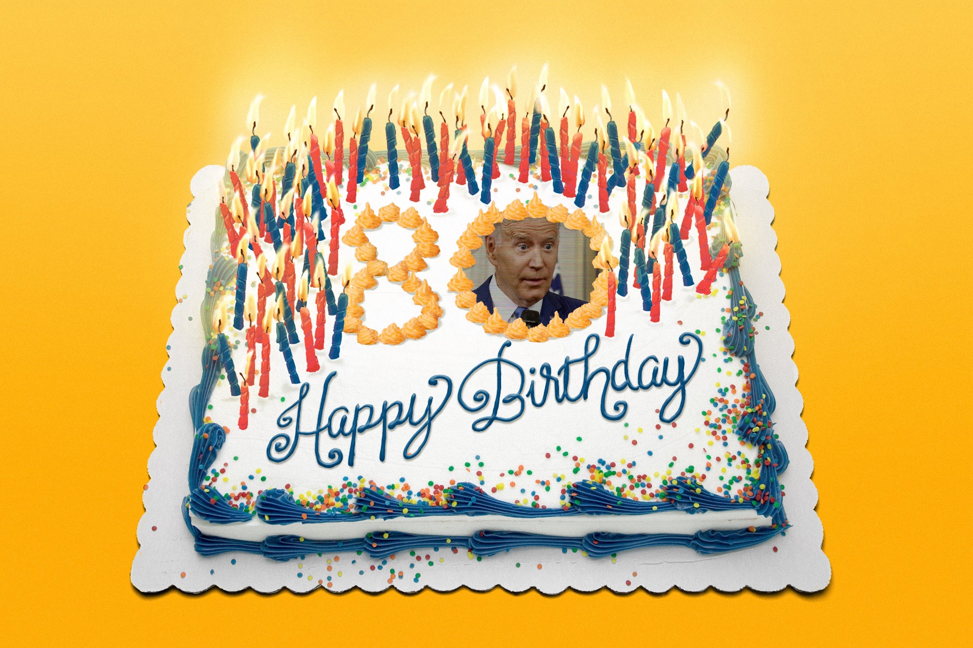 A birthday cake with 80 candles that says Happy Birthday and features a picture of Joe Biden.