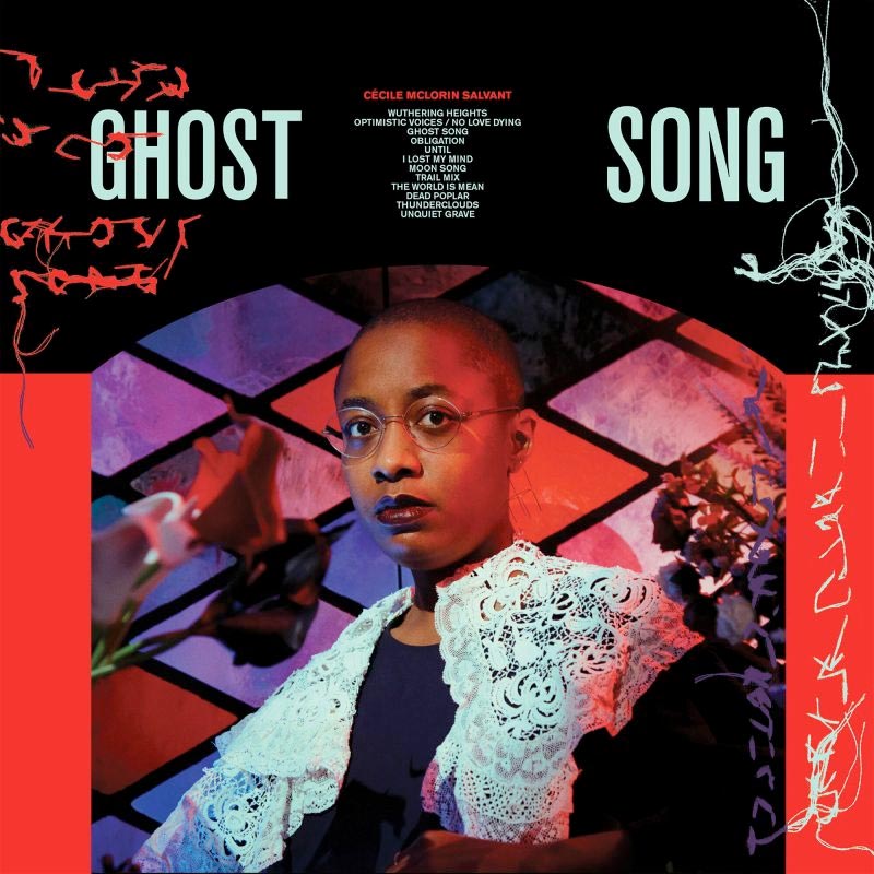Cecile is pictured wearing a lace shawl against a dark pink and purple checkered background on the cover of Ghost Song. 
