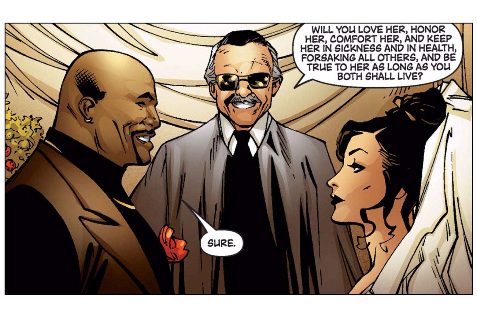 Stan Lee officiates the wedding of Luke Cage and Jessica Jones, smiling.