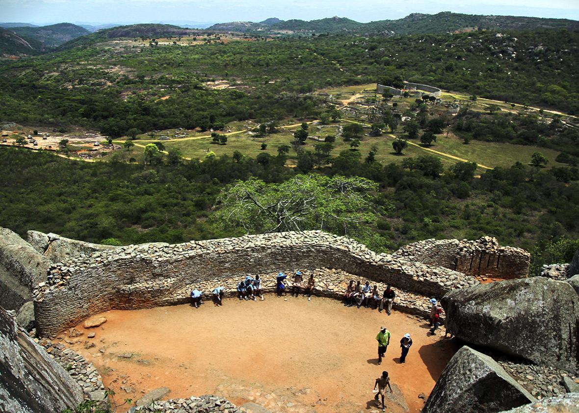 View from the kingâs granite slab of the amphitheatre â and ,View from the king’s granite slab of the amphitheatre – and of the Great Enclosure in the middle distance. 