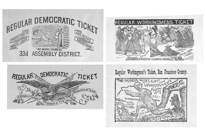 Four California voting ballots from the 1880s, one showing a bird, others showing anti-immigrant imagery.