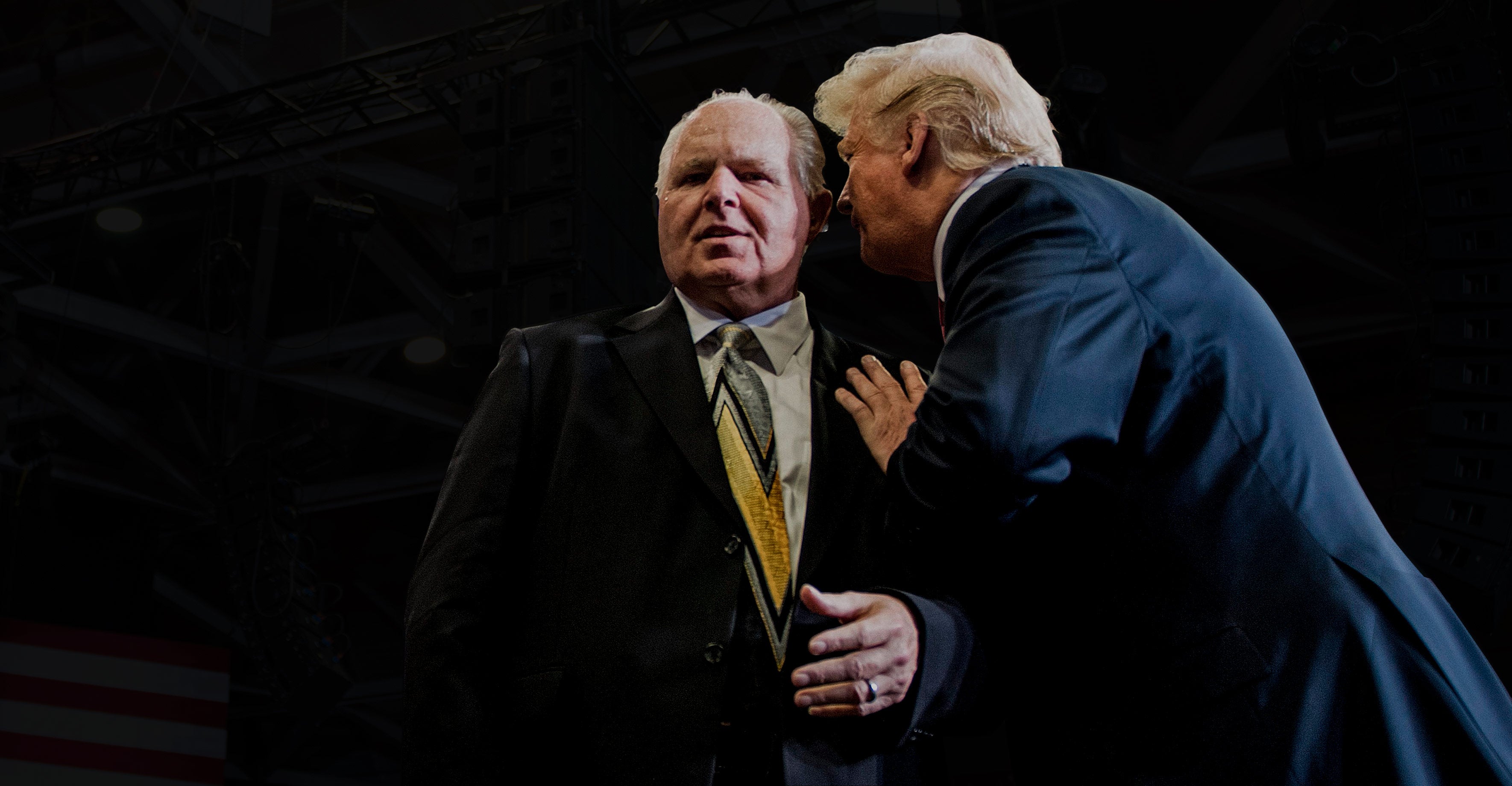 Donald Trump whispers in Rush Limbaugh’s ear.