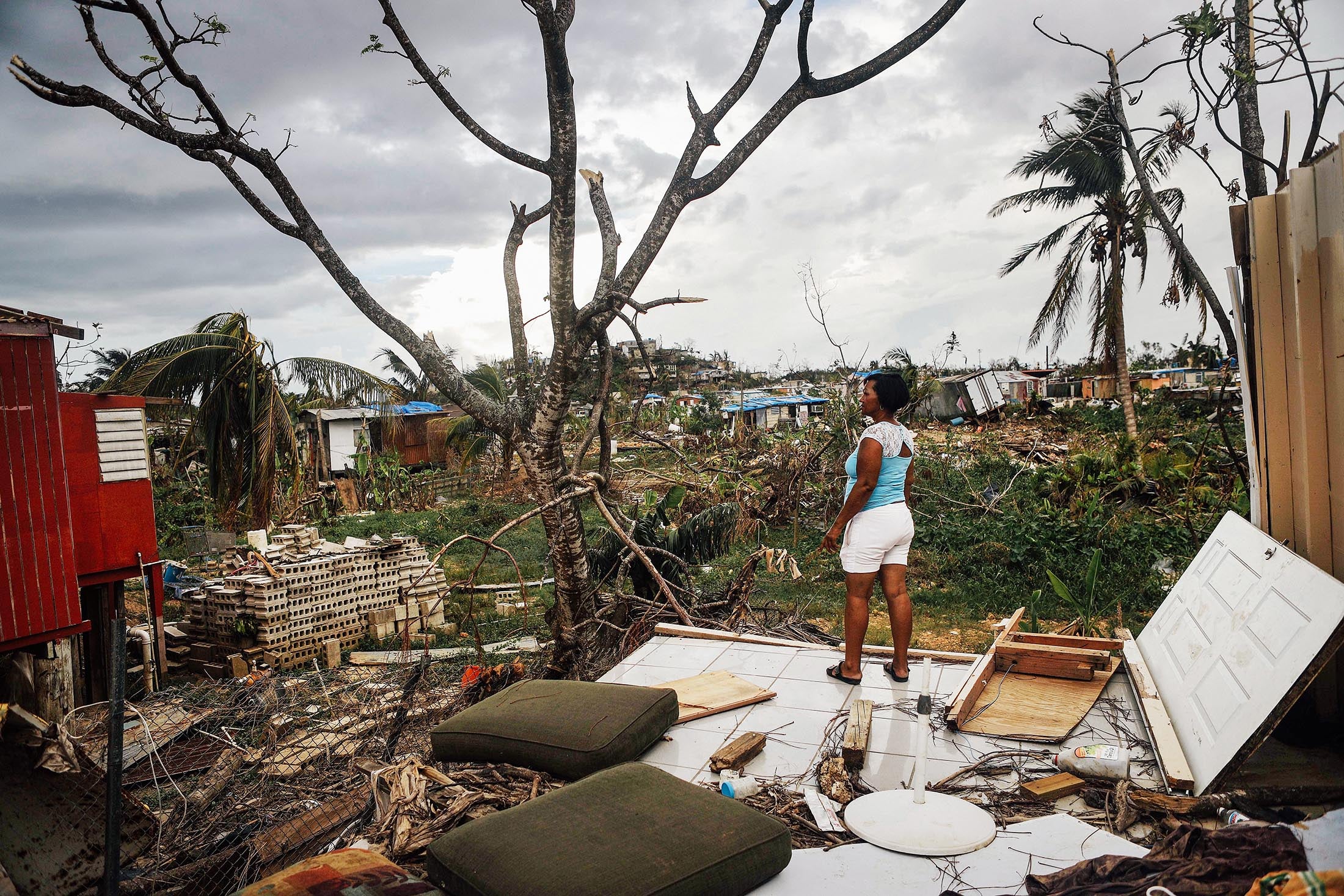 A woman standing on the floor of a demolished house surveying a landscape strewn with debris from other homes toppled by a hurricane.
