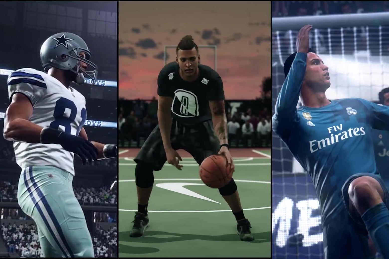 A football player, a basketball player, and a soccer player, as rendered in EA Sports games.