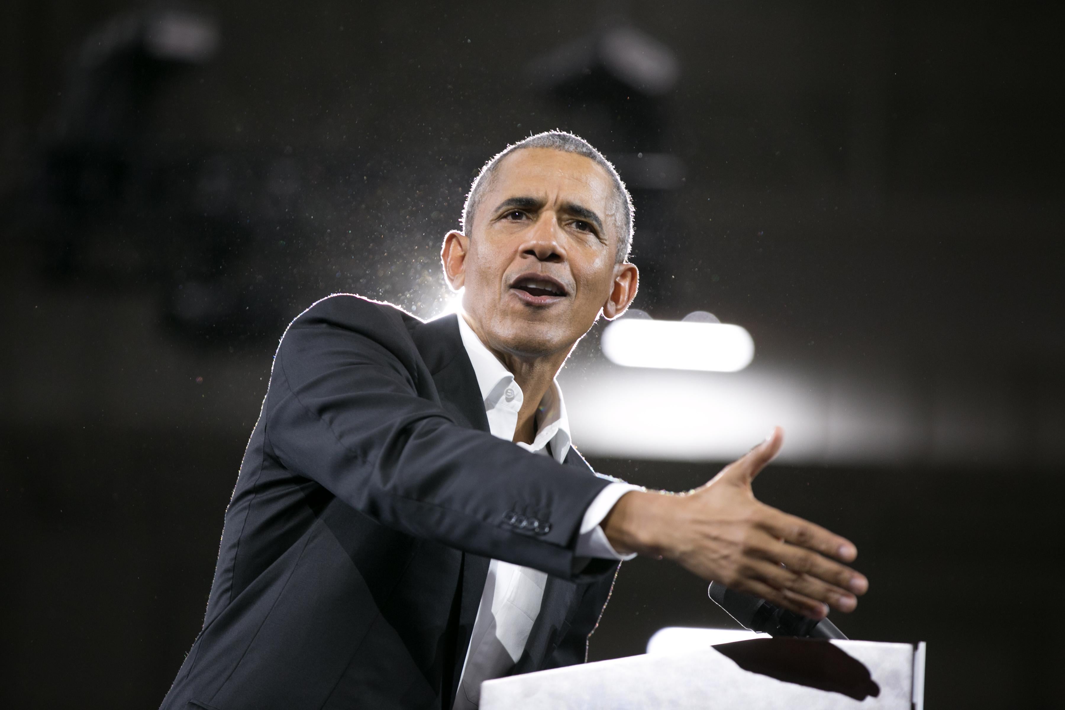 Former President Barack Obama addresses a crowd at Morehouse College on Nov. 2 in Atlanta.