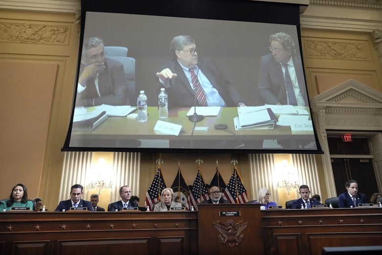 Former Attorney General William Barr is seen on a screen during Monday's Jan. 6 committee hearing.