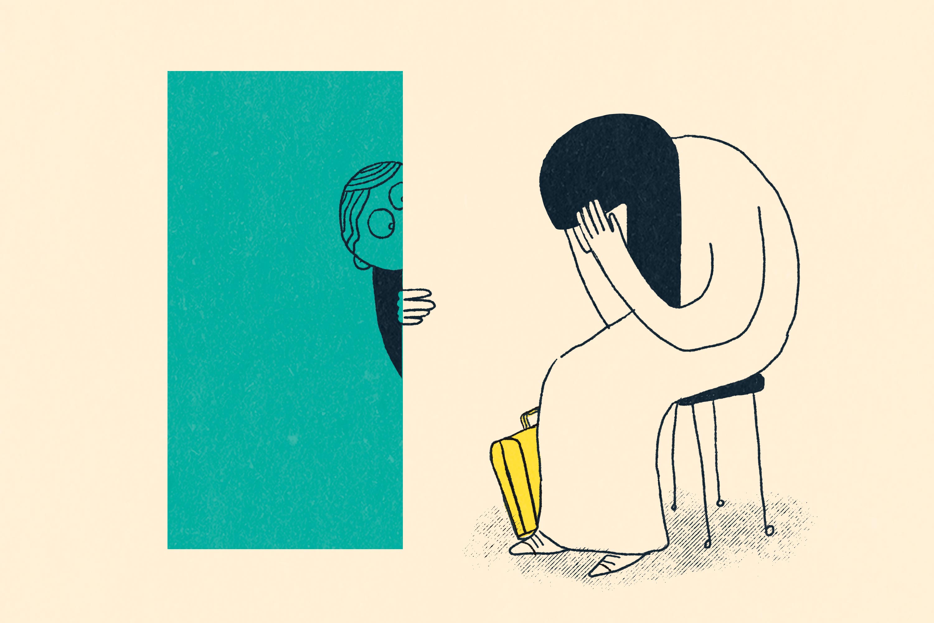 A woman bends over crying while a boy peeks in from the doorway.