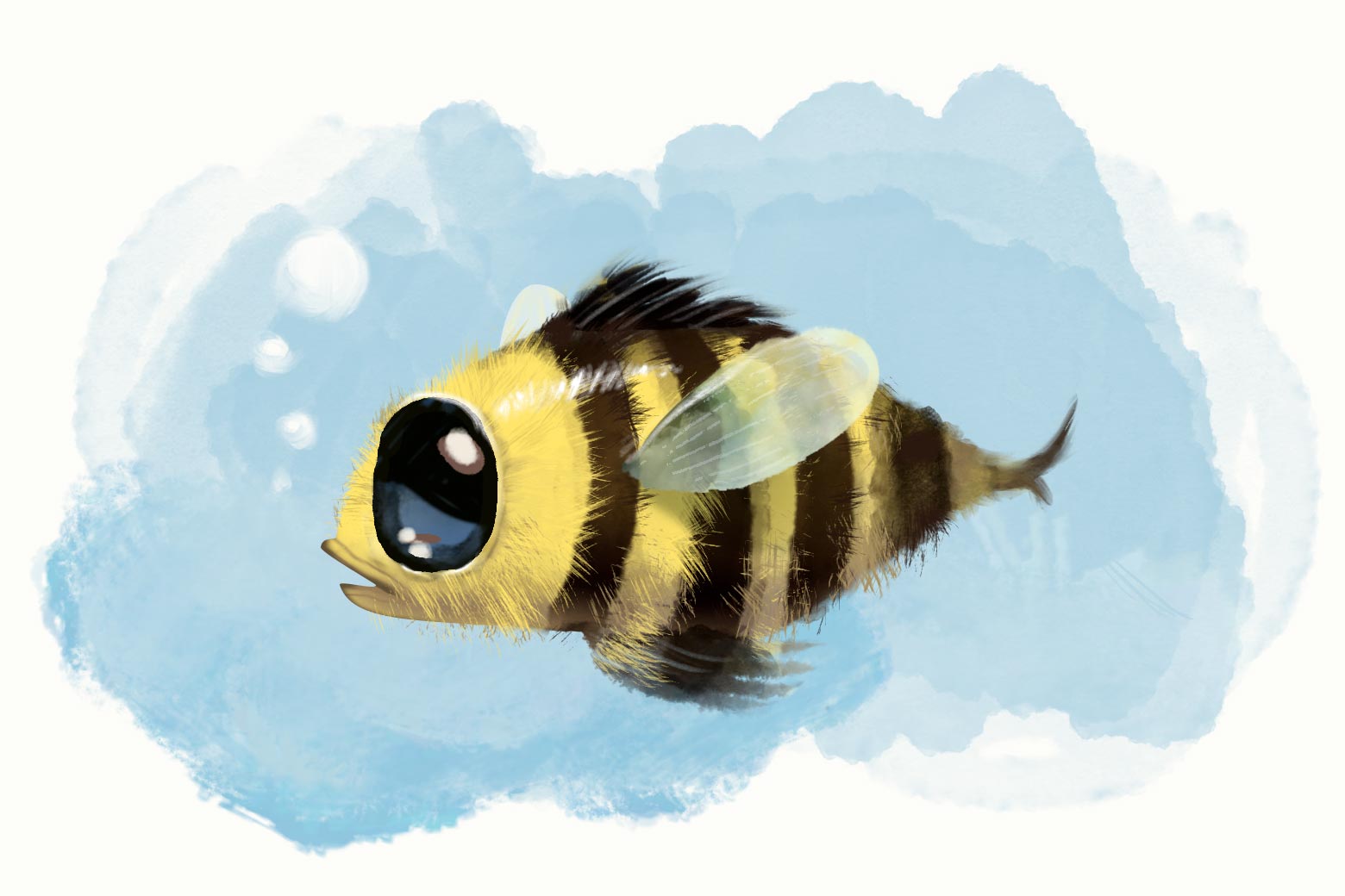 An illustration of a hybrid bee fish creature with a watery background. There are bubbles floating up from the creature's mouth.