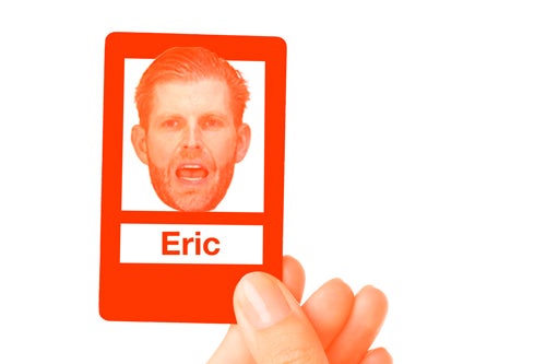 An illustration of a card in the style of the "Guess Who?" game, with Eric Trump's face on it.
