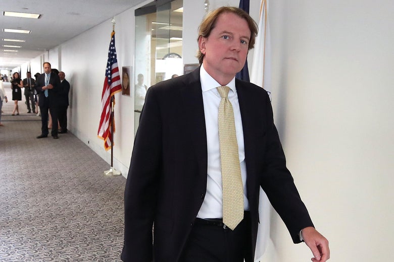 White House lawyer, Don McGahn, escorts Supreme Court Justice nominee Judge Brett Kavanaugh to a meeting with Sen. Joe Donnelly (R-IN) on August 15, 2018 in Washington, D.C.