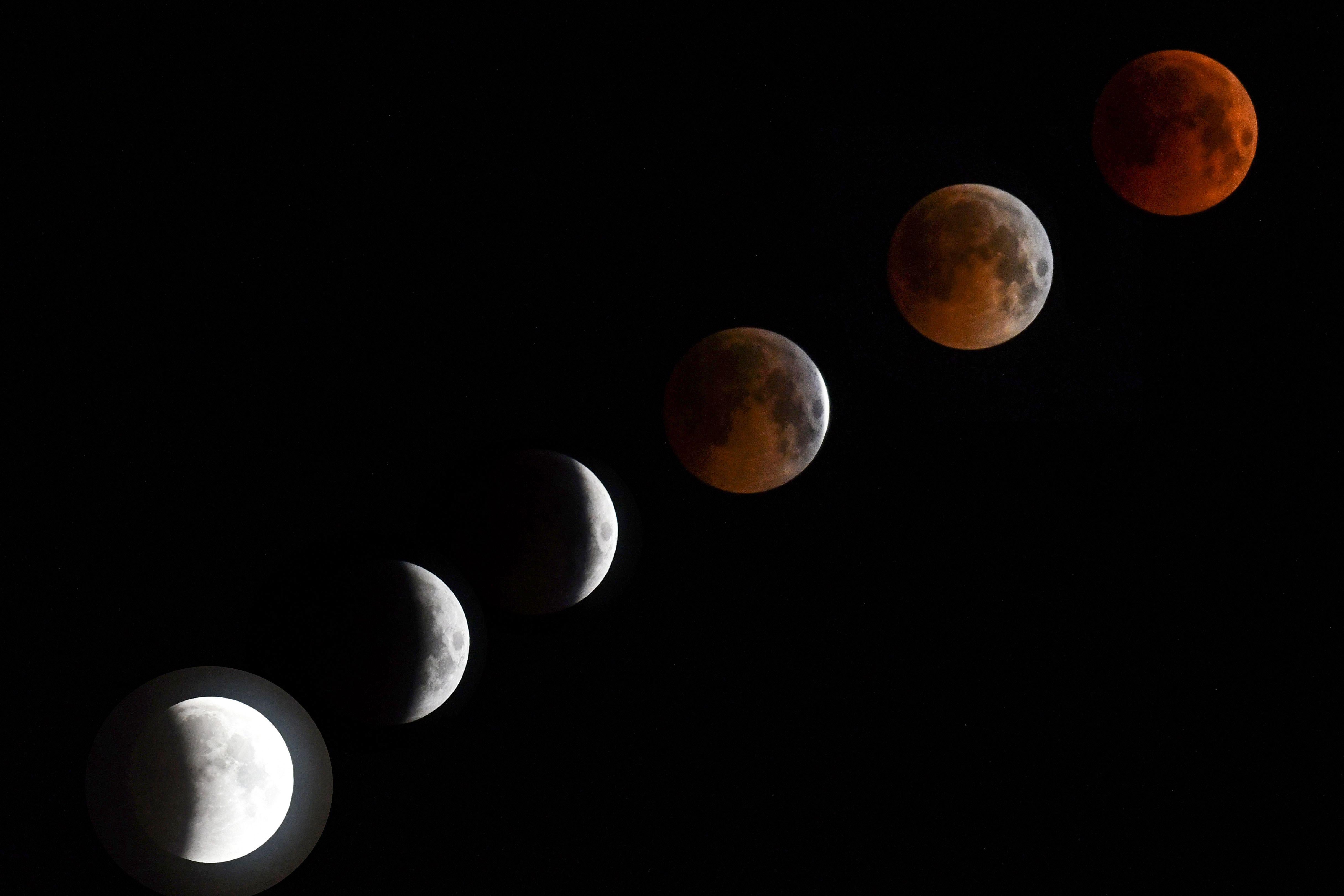  A combo of six pictures shows a 'blood moon' total lunar eclipse in Bishkek late on July 27, 2018.