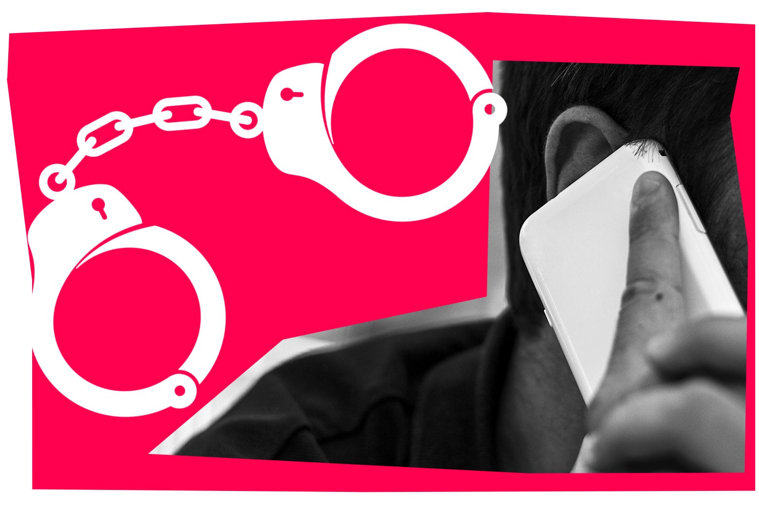 A man is seen putting his phone to his ear, next to a graphic of handcuffs.
