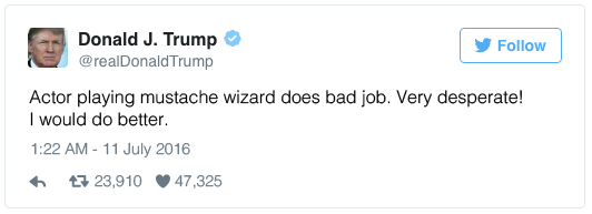 Actor playing mustache wizard does bad job. Very desperate! I would do better.