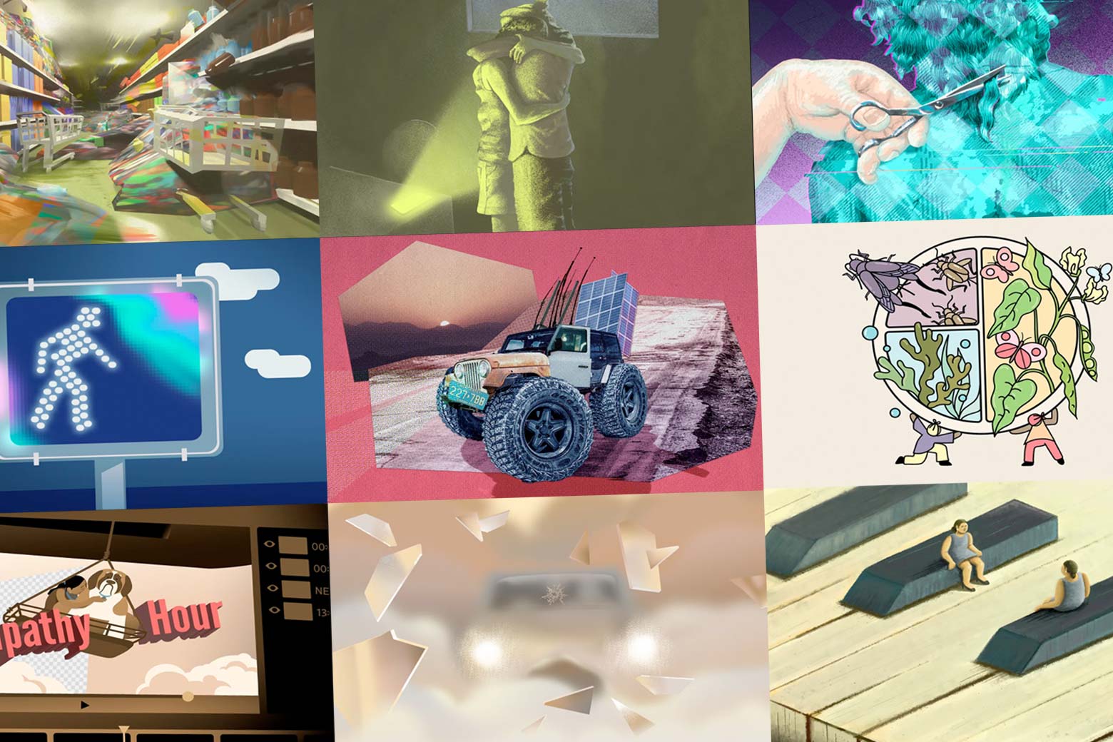 A three-by-three collage of illustrations from Future Tense Fiction stories. From left to right, a grocery store aisle, a couple embracing, the back of a head getting a haircut, a crosswalk signal, a jeep, two people holding up a planet, a TV screen that says "Empathy Hour," shattered glass with car headlights in the background, and two people seated on piano keys.