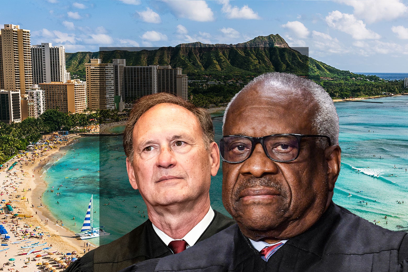 A photo illustration of Clarence Thomas and Samuel Alito superimposed on a view of Hawaii.