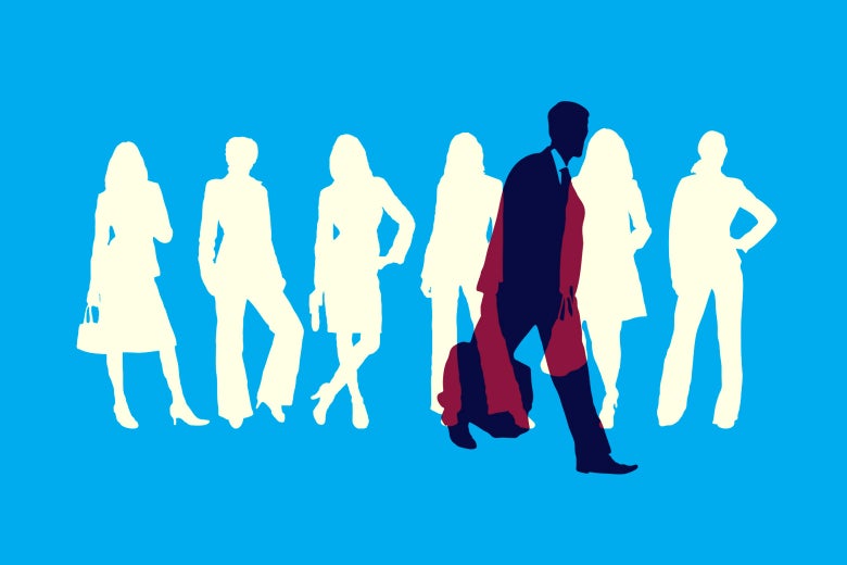 Photo illustration: Women in business suit silhouettes, and the silhouette of a man in a suit walking away with briefcase in hand.