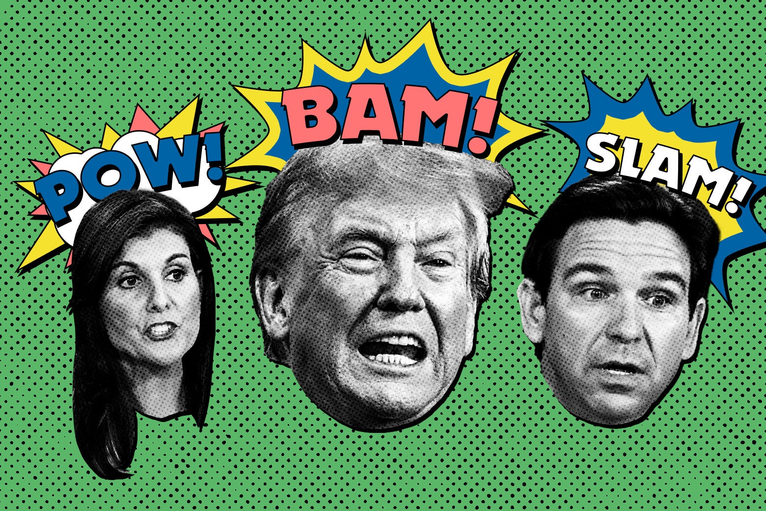 Nikki Haley, Donald Trump, and Ron DeSantis styled like comic book characters, with sound effect balloons over their heads (POW! BAM! SLAM!)