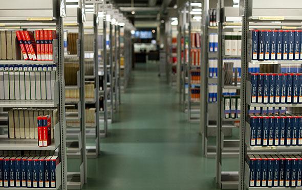 Shelves stacked with books are seen in the library of the Technische Universitaet in Berlin.