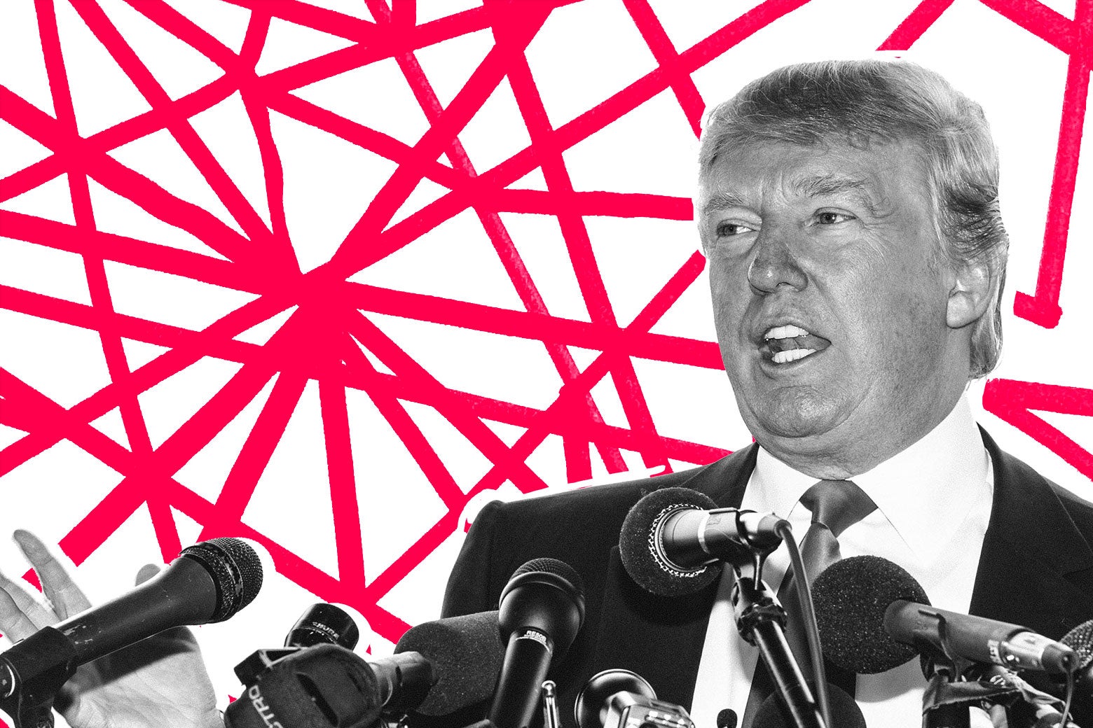 Donald Trump speaking into a gaggle of microphones.