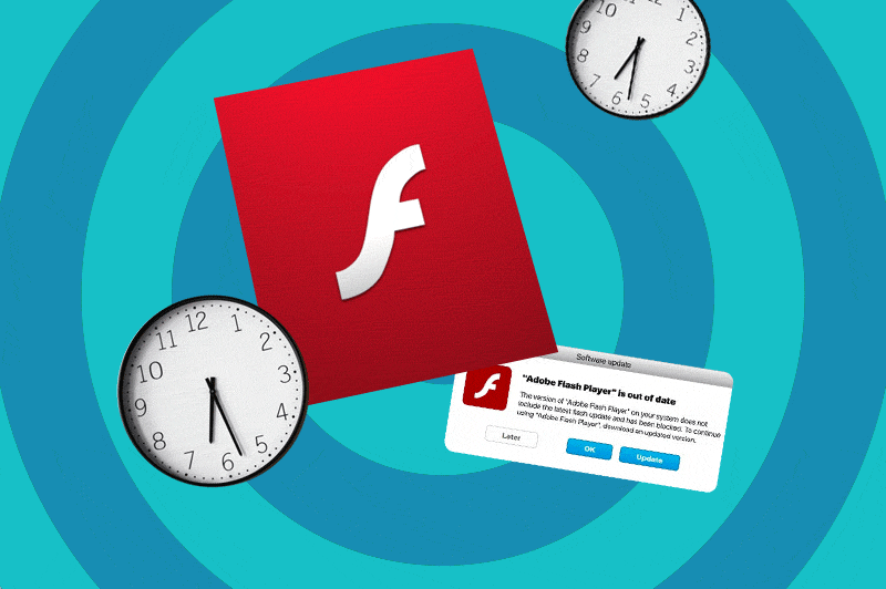 Animation of the Flash logo, a Flash dialog box, and two clocks over a swirling vortex
