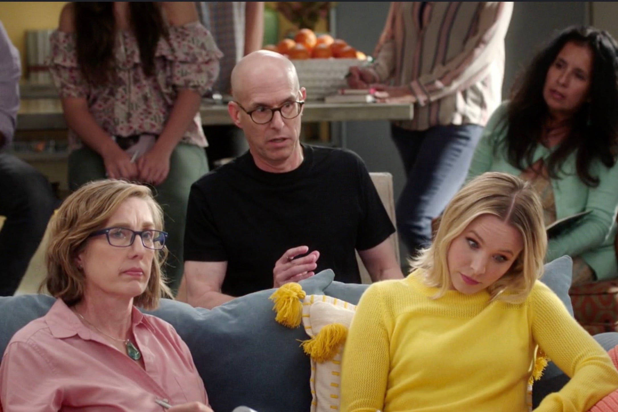 Todd May makes a point and Pamela Hieronymi listens while Eleanor (Kristen Bell) rolls her eyes