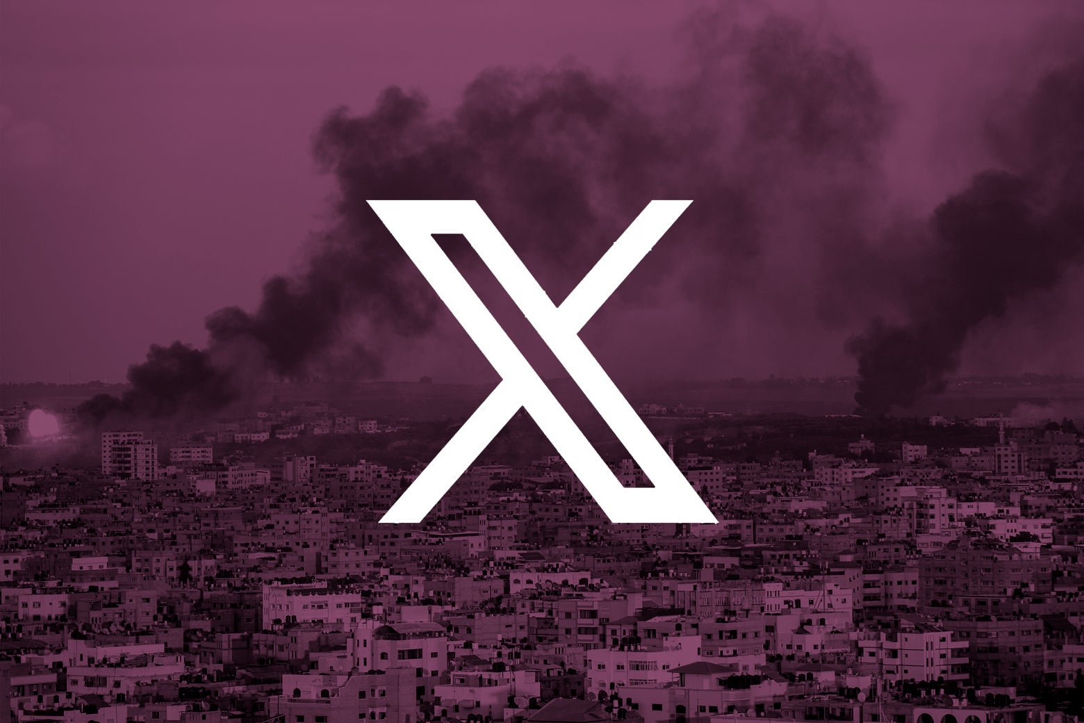 The X logo over a scene of smoke rising over the Gaza Strip.