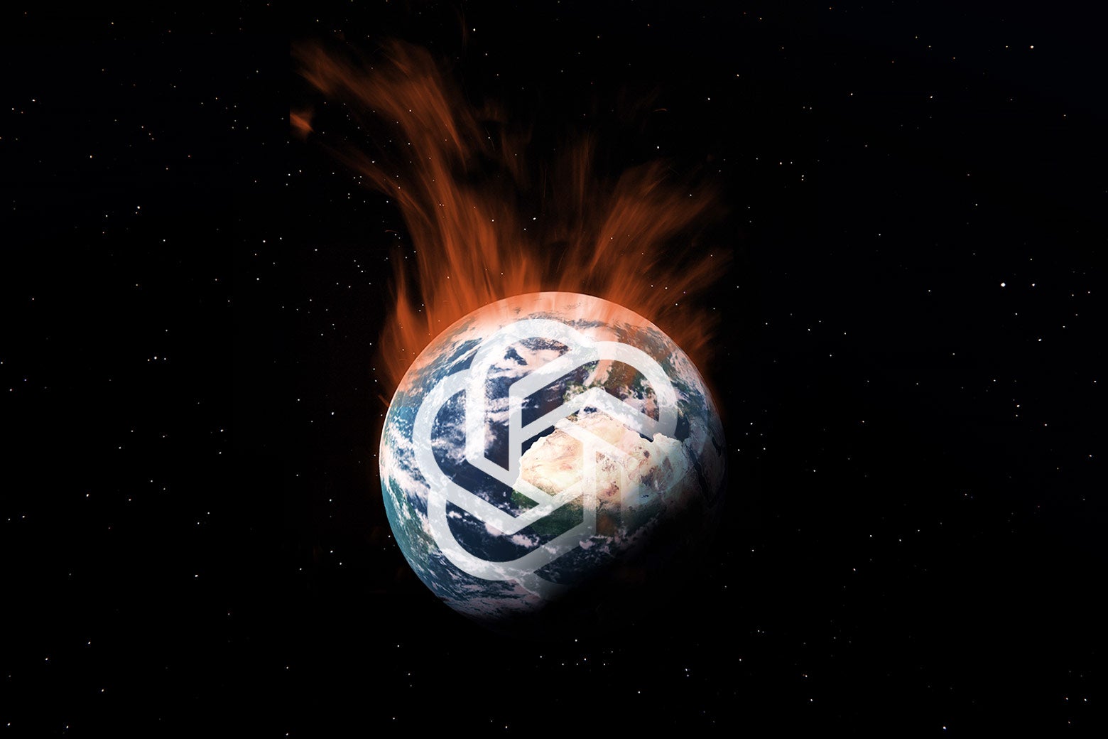 The Earth on fire with a ChatGPT logo superimposed on top.