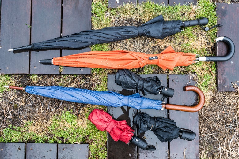 umbrellas on wooden planks