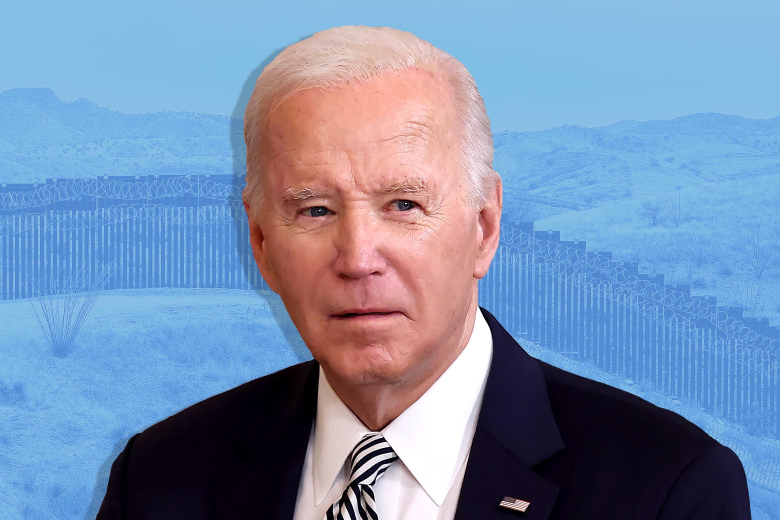 Joe Biden frowning, photoshopped in front of the border wall with Mexico.