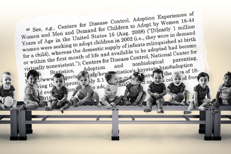 Toddlers sitting on a bench in front of a snippet of Alito's leaked draft opinion overturning Roe v. Wade