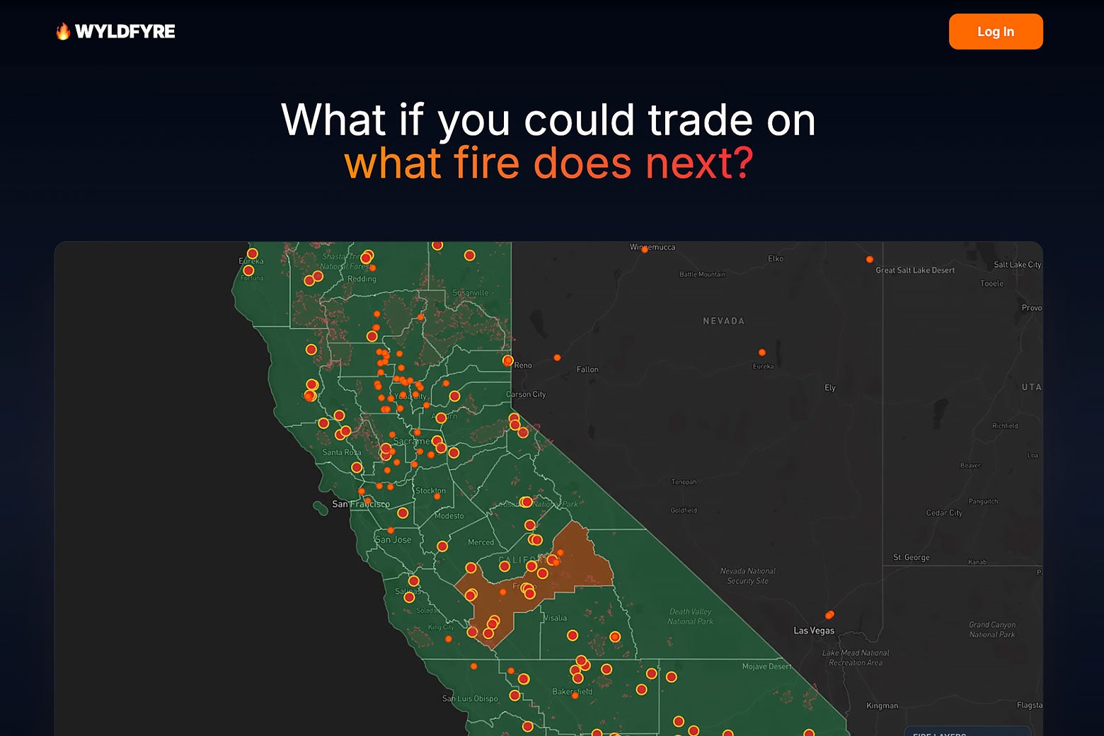Lots of orange dots indicate fires in California in the app.
