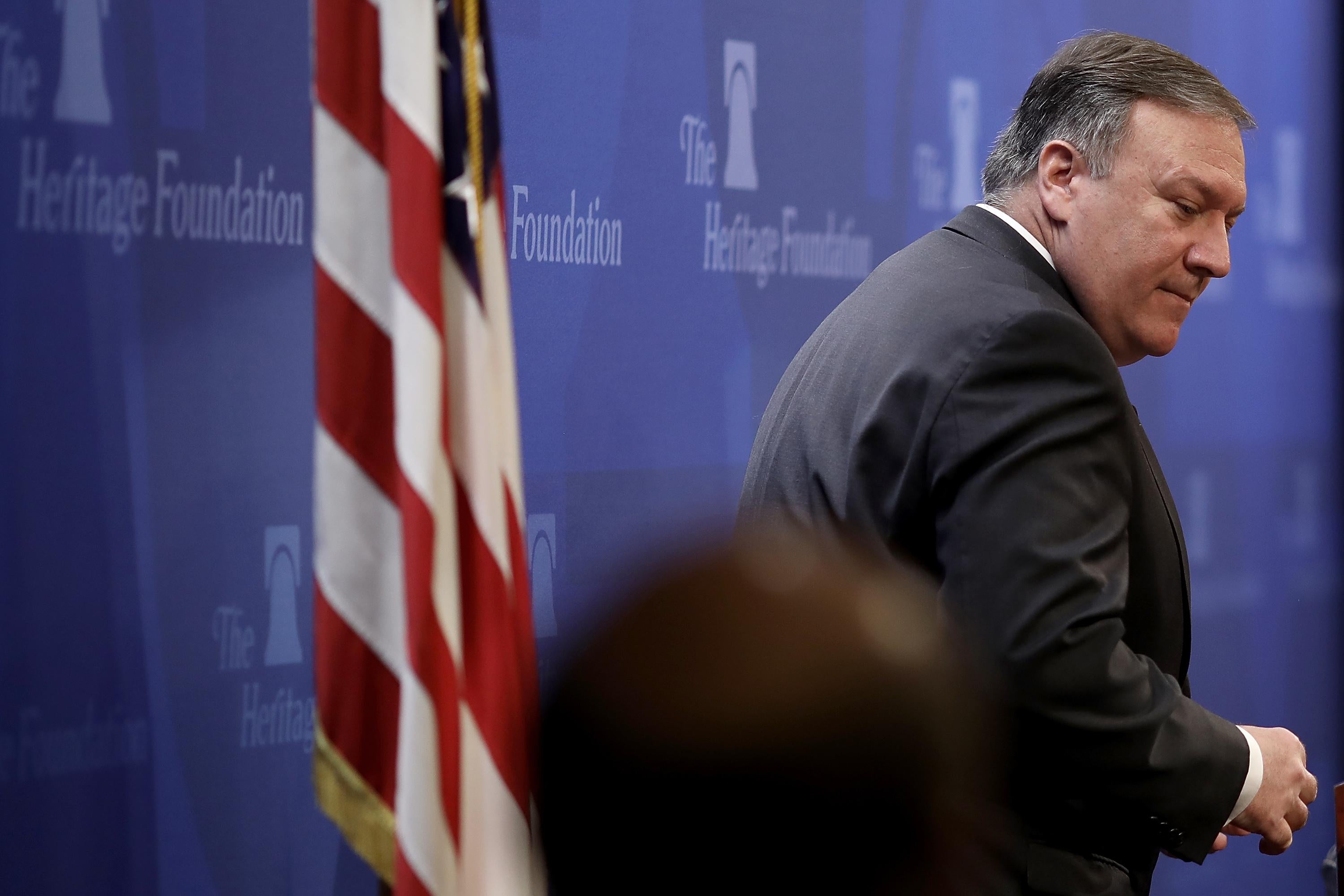 WASHINGTON, DC - MAY 21:  U.S. Secretary of State Mike Pompeo concludes his remarks at the Heritage Foundation May 21, 2018 in Washington, DC. Pompeo spoke on the topic of 'After the Deal: A New Iran Strategy.'  (Photo by Win McNamee/Getty Images)