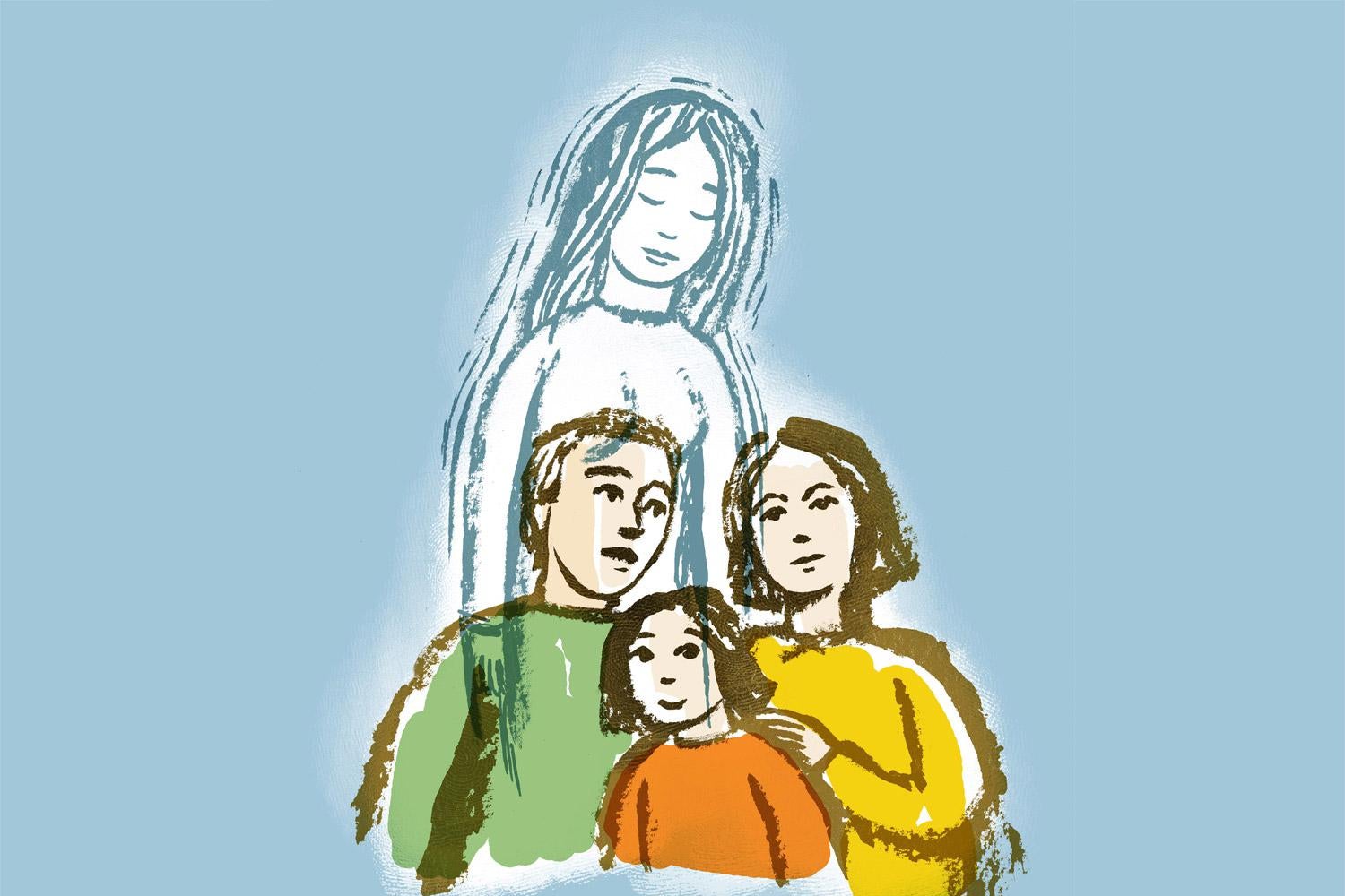 A friendly spirit floats above a family of three. Illustration by Robert Neubecker.