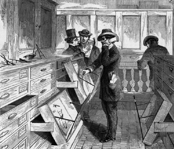 This illustraion published in Harper's Weekly in July 1869 shows patent examiners at work.