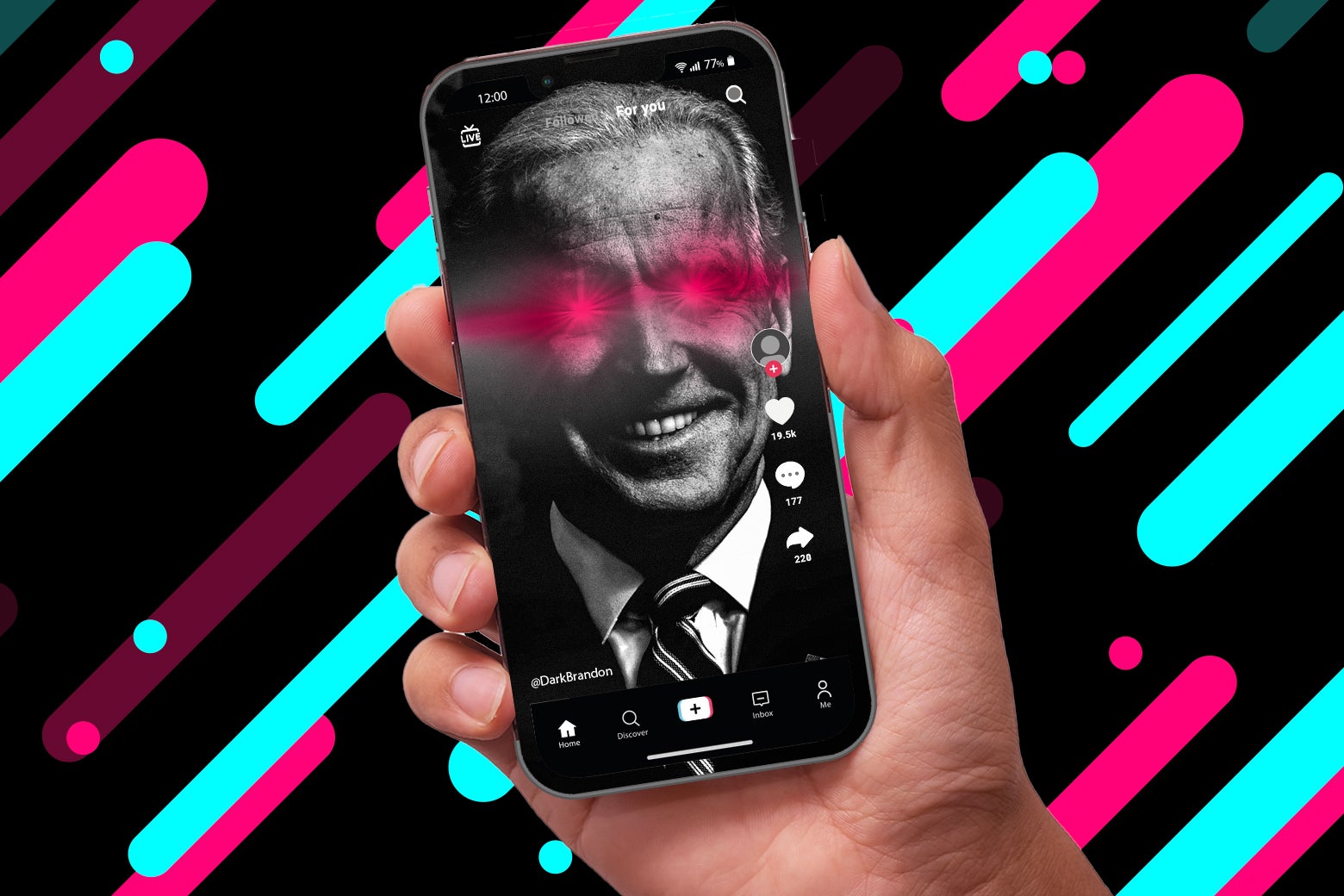 A hand holding a phone that displays an image of a laser-eyed, smiling Dark Brandon.