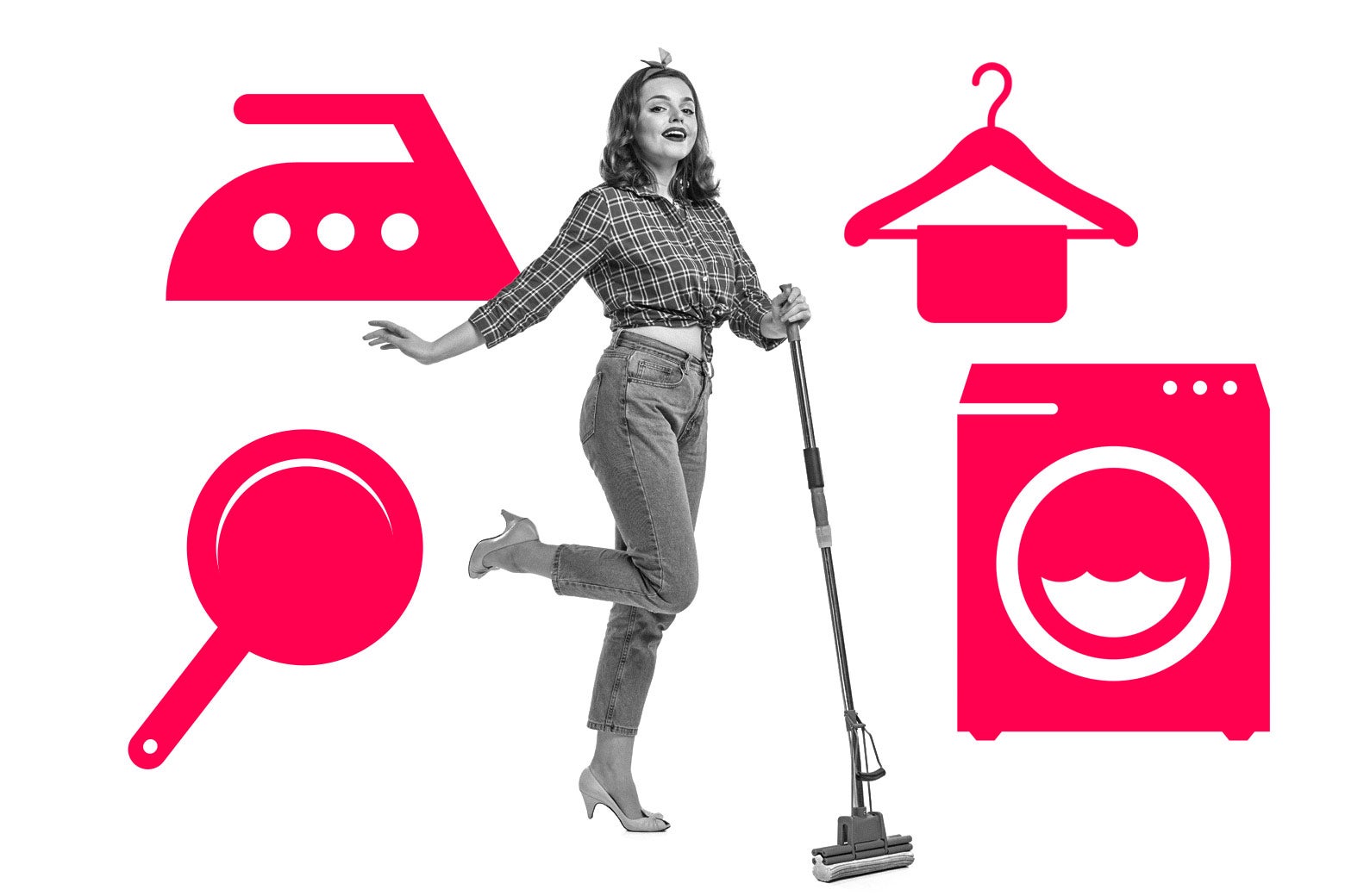A woman poses happily with a mop next to other household items.