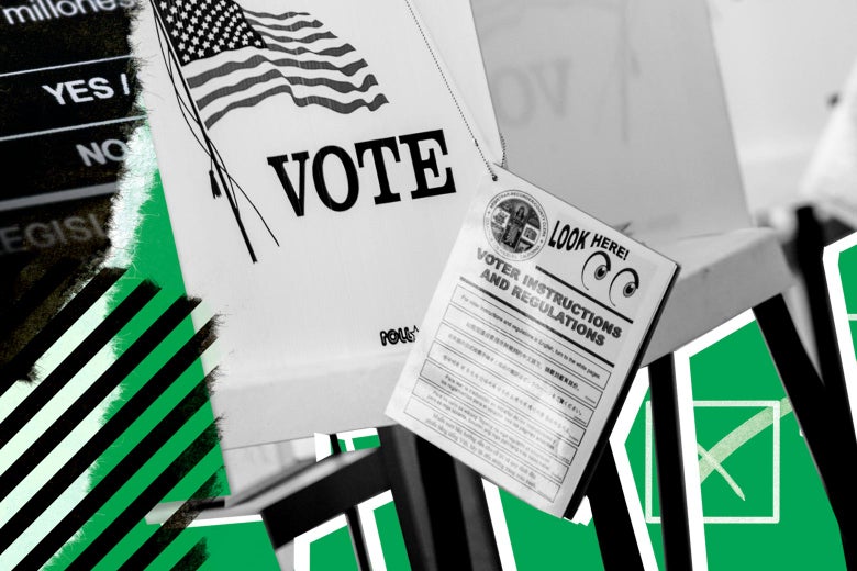 A collage of voting ballots and polling signs