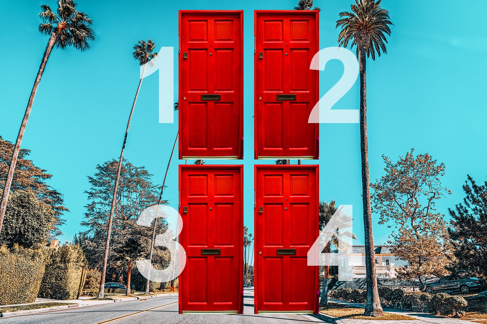 Four red doors in two rows, stacked on top of each other and numbered 1 through 4, in front of an L.A. scene, with palm trees and a wide road.