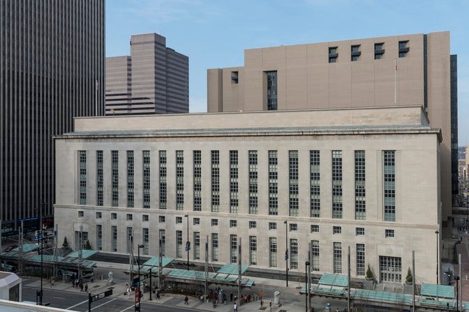 The exterior of a large, flat building