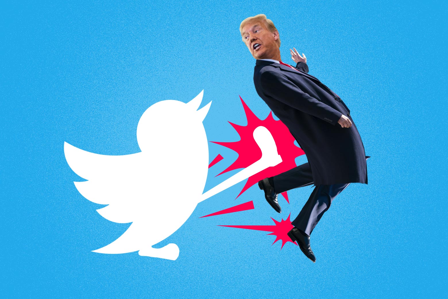 Collage of Trump getting kicked by a twitter bird. 