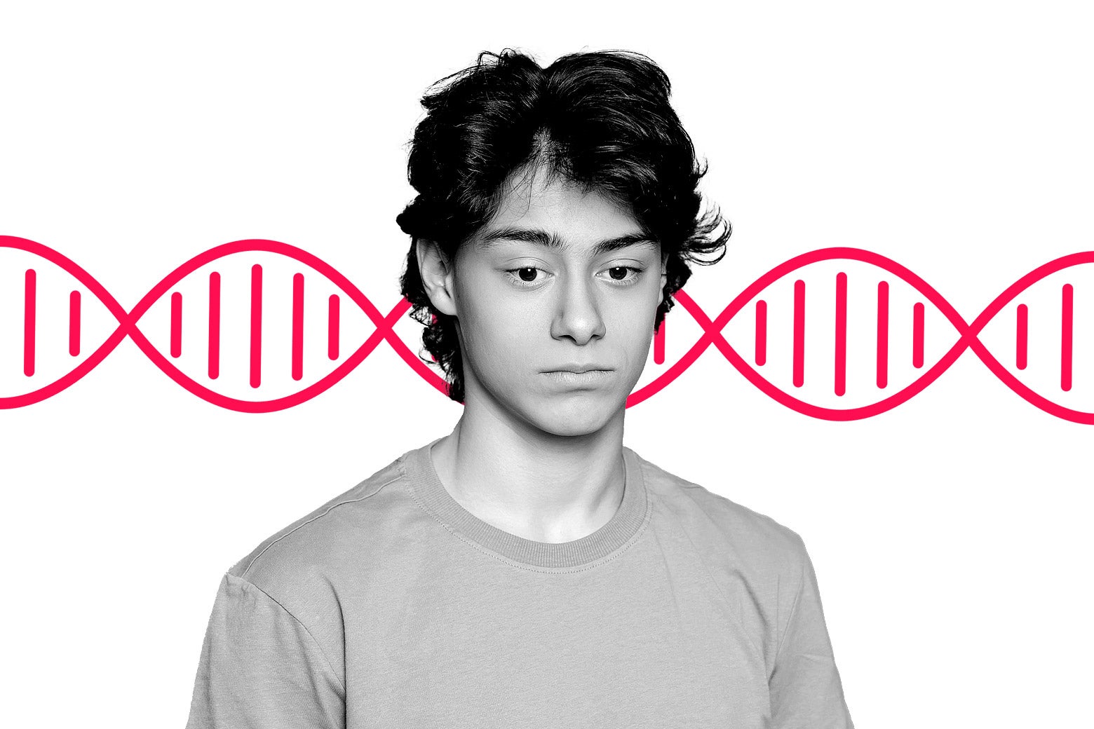 Young man standing in front of a DNA strand.