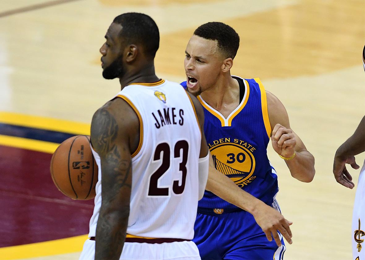 Stephen Curry of the Golden State Warriors reacts to a foul call during the fourth quarter as LeBron James of the Cleveland Cavaliers looks on in Game 6 of the 2016 NBA Finals on Thursday in Cleveland.