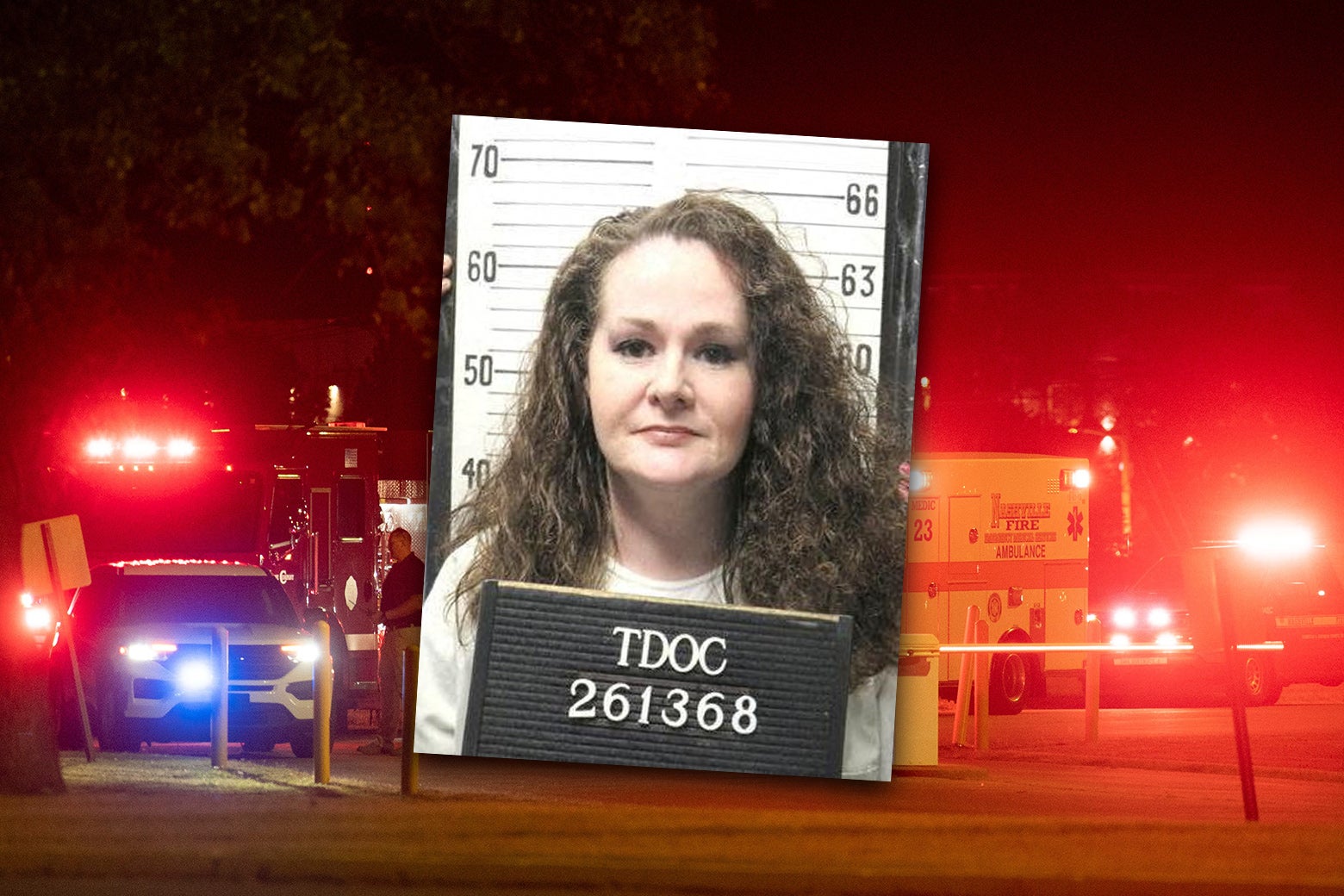 A central mugshot of a woman with long, dark curly hair holding a placard that reads "TDOC 261368" is overlaid on an emergency scene. The background features fl