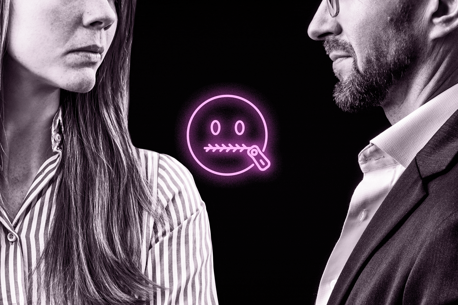 Collage of a young woman on the left looking over to an older man with a beard to the right and in between them a neon emoji with a zipper mouth.